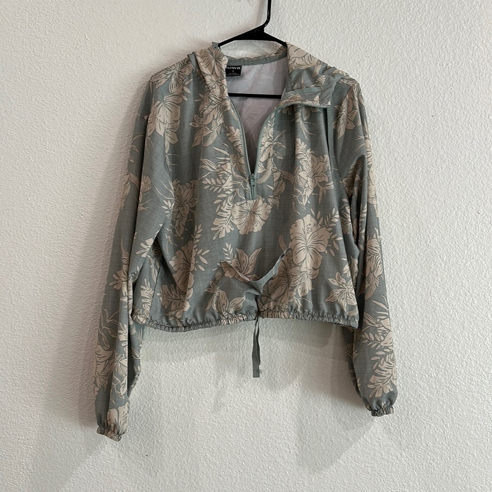 Hurley Green & White Hawaiian Floral Hooded Cropped Windbreaker Jacket